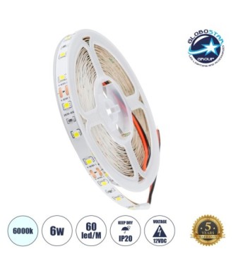 GLOBOSTAR® LILAC 70140 Ταινία LED 6W-m 660lm-m 120° DC 12V IP20 60 x SMD2835 Chip-m Ψυχρό Λευκό 6000K Dimmable - Sanan SMD Chip - Μ500 x Π0.8 x Υ0.1cm - Ρολό 5 Μέτρων - 5 Χρόνια Εγγύηση